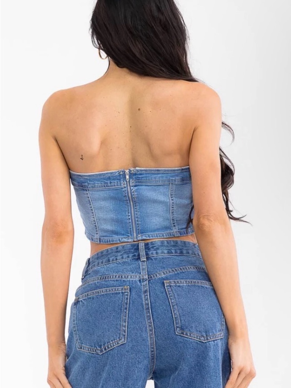 Love Tree Blue Denim Strapless Corset Crop Top - Picture 2 of 8